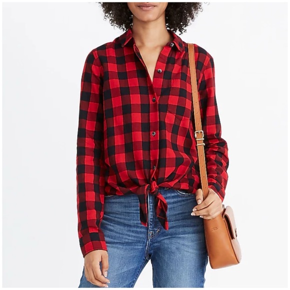 Madewell Flannel Tie-Front Shirt in Buffalo Check XXS - Picture 1 of 12